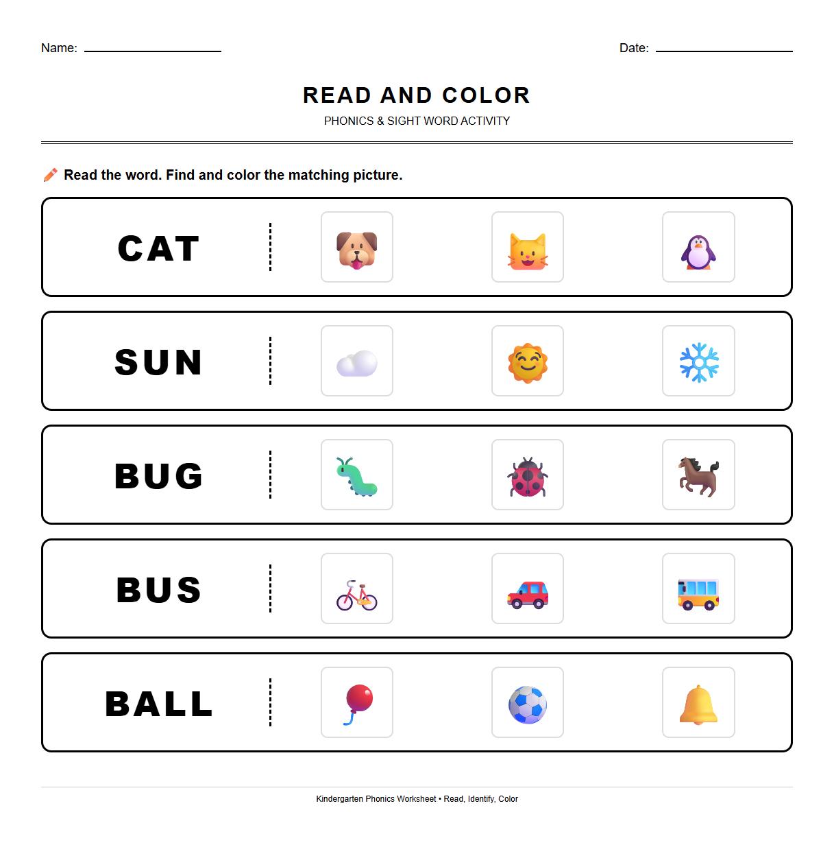 Sight Words Read and Color Phonics Activity
