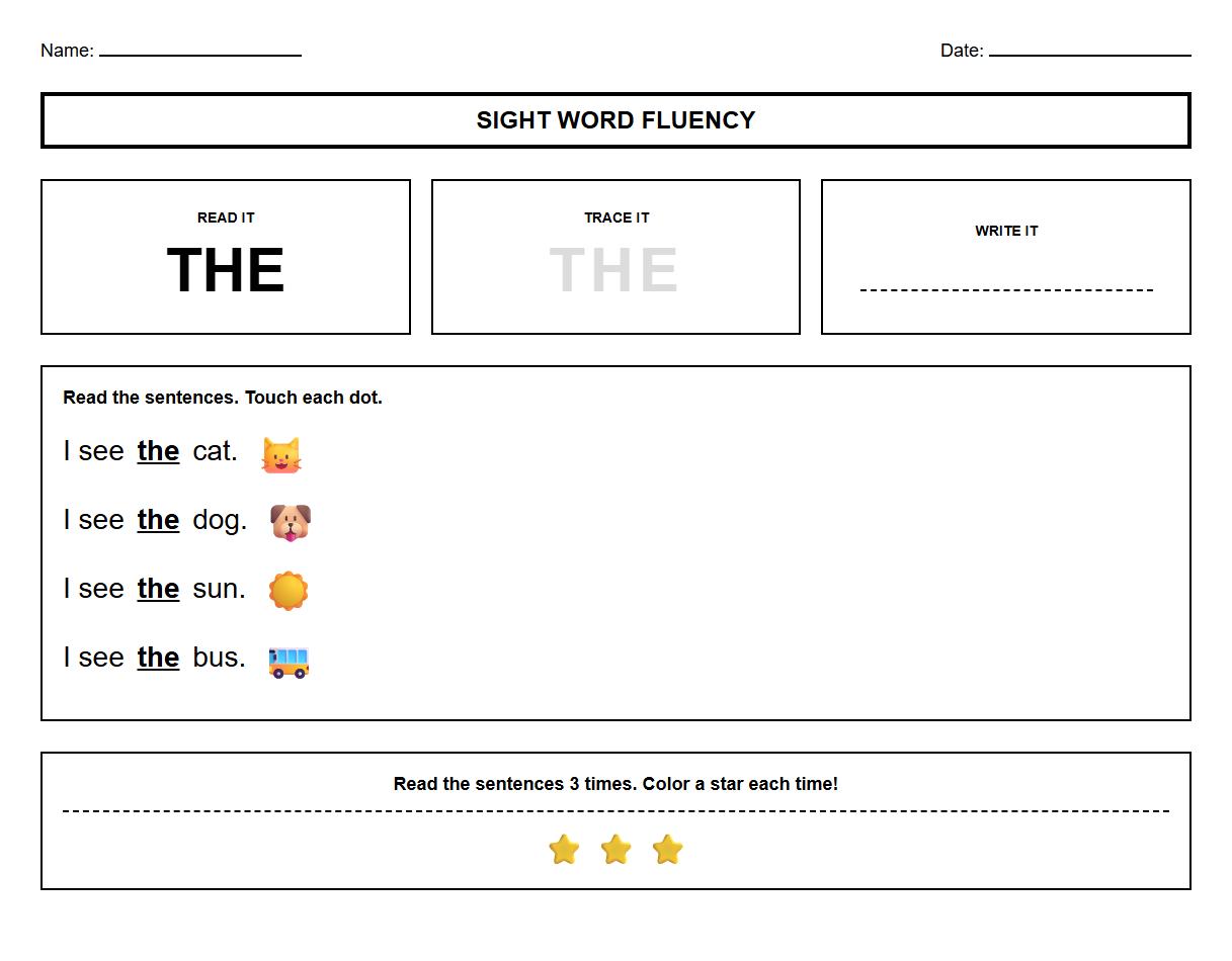 Sight Words Reading Fluency with Repetition Drills