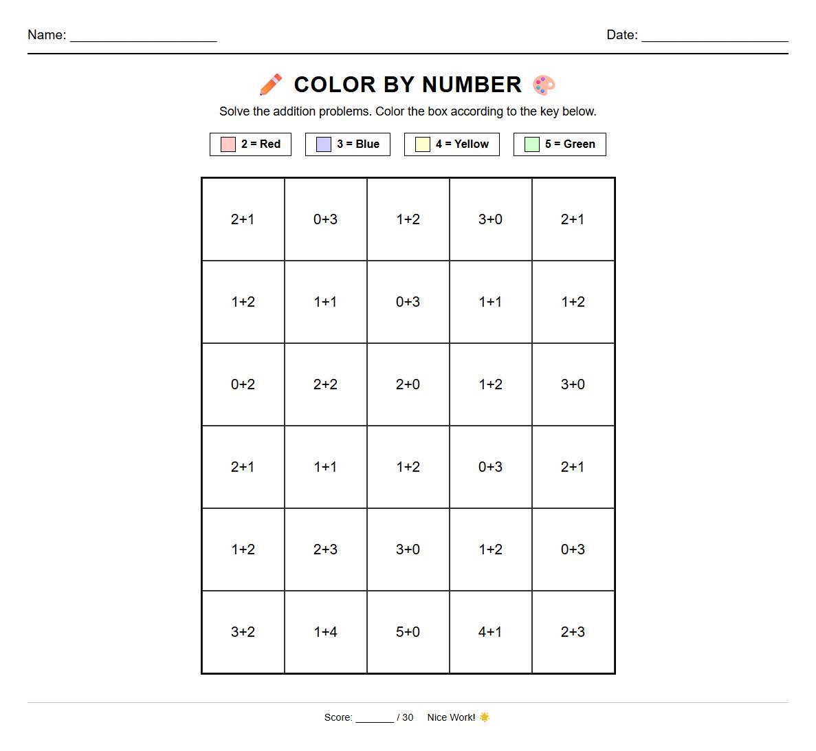 Simple Addition Color by Number Worksheet