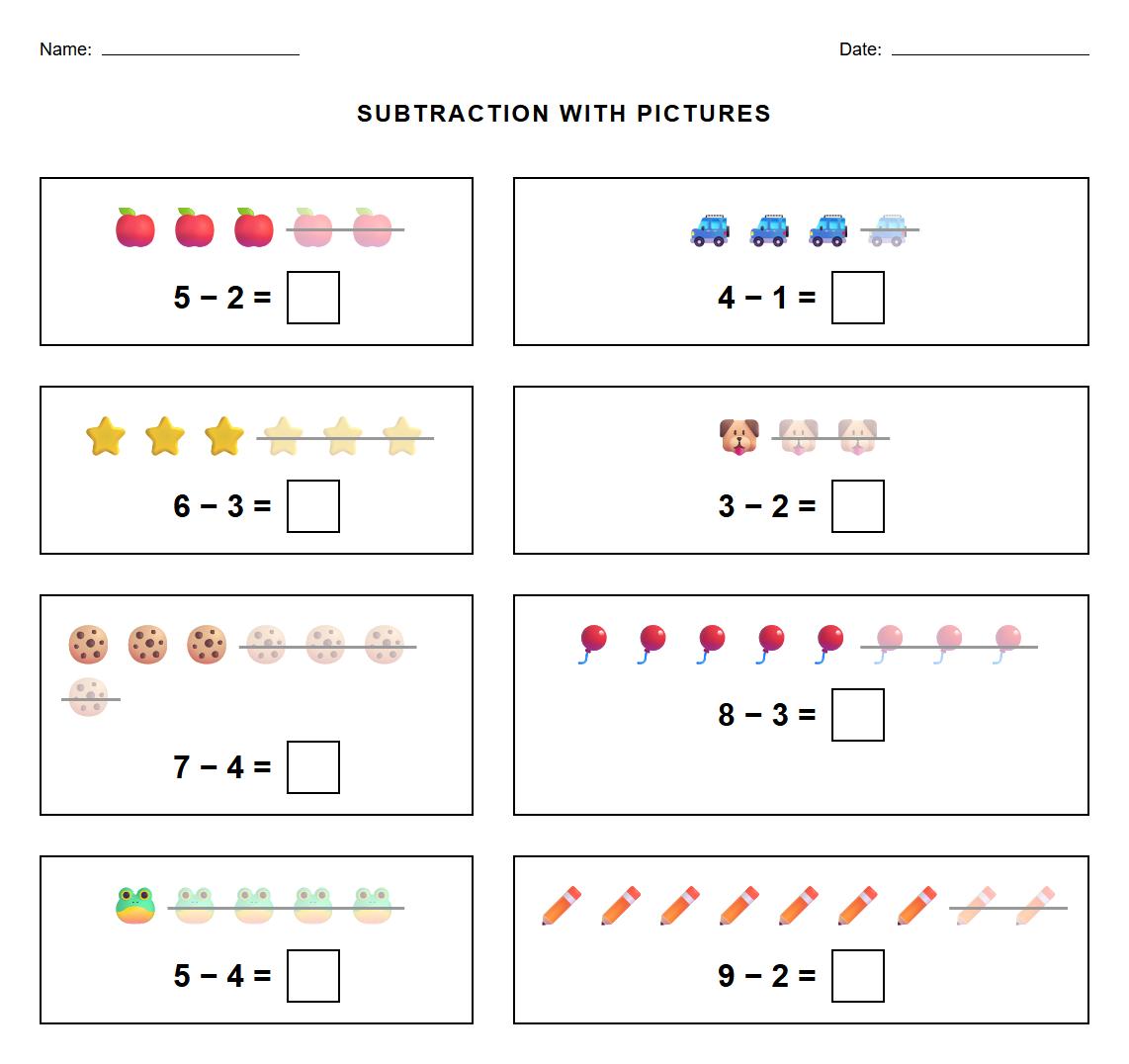 Single Digit Subtraction with Picture Cues Worksheet
