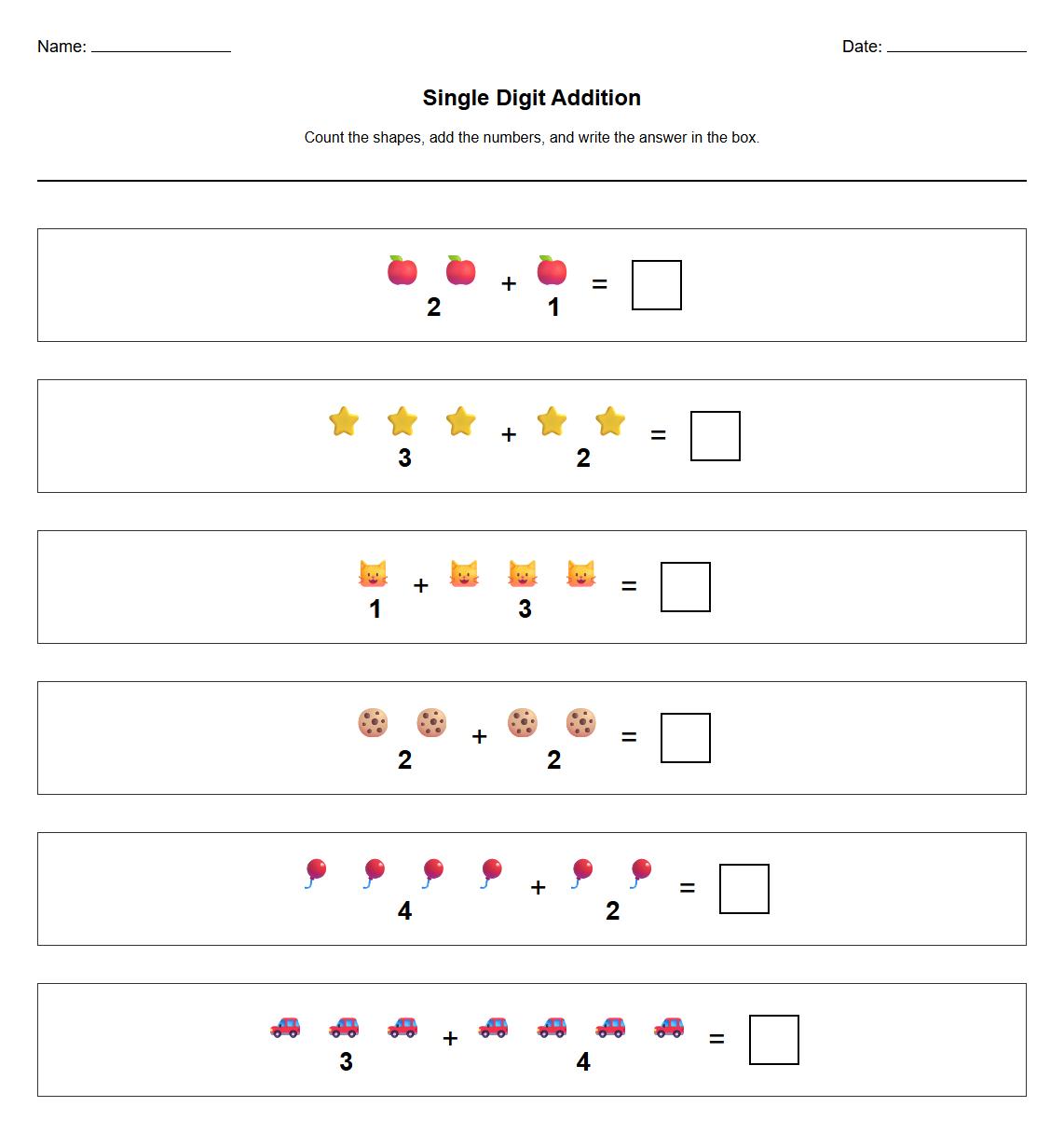 Single Digit Sums Number Sentence Worksheet
