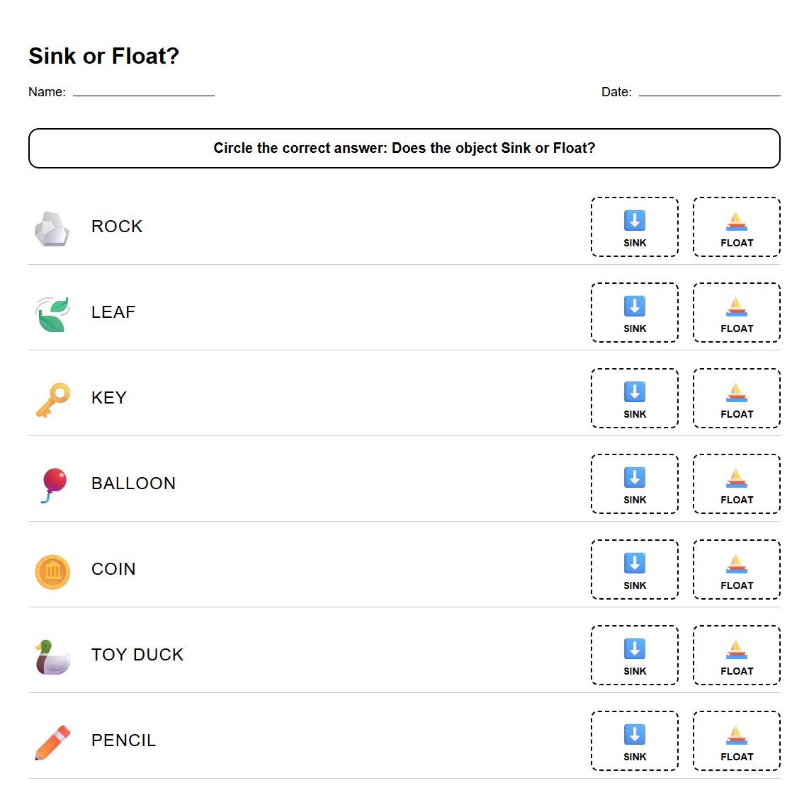Sink or Float Item Classification Worksheet for Science Concepts