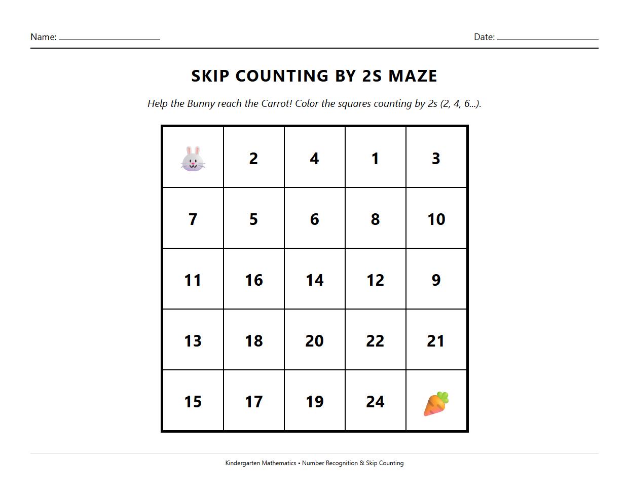 Skip Counting by 2s Maze Worksheet for Number Recognition