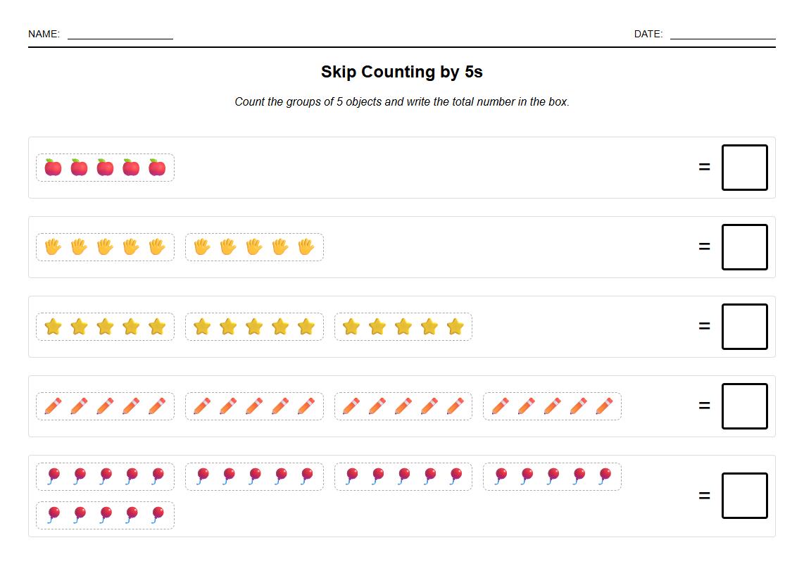 Skip Counting by 5s Using Manipulatives Worksheet