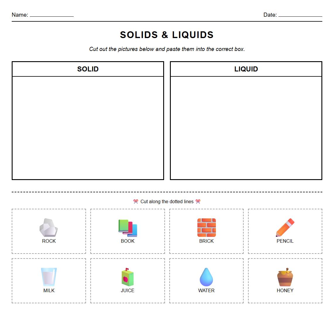Solid and Liquid Object Classification Worksheet for States of Matter