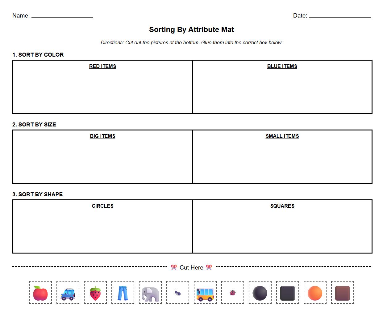 Sorting by Attribute (Color, Size, Shape) Mat