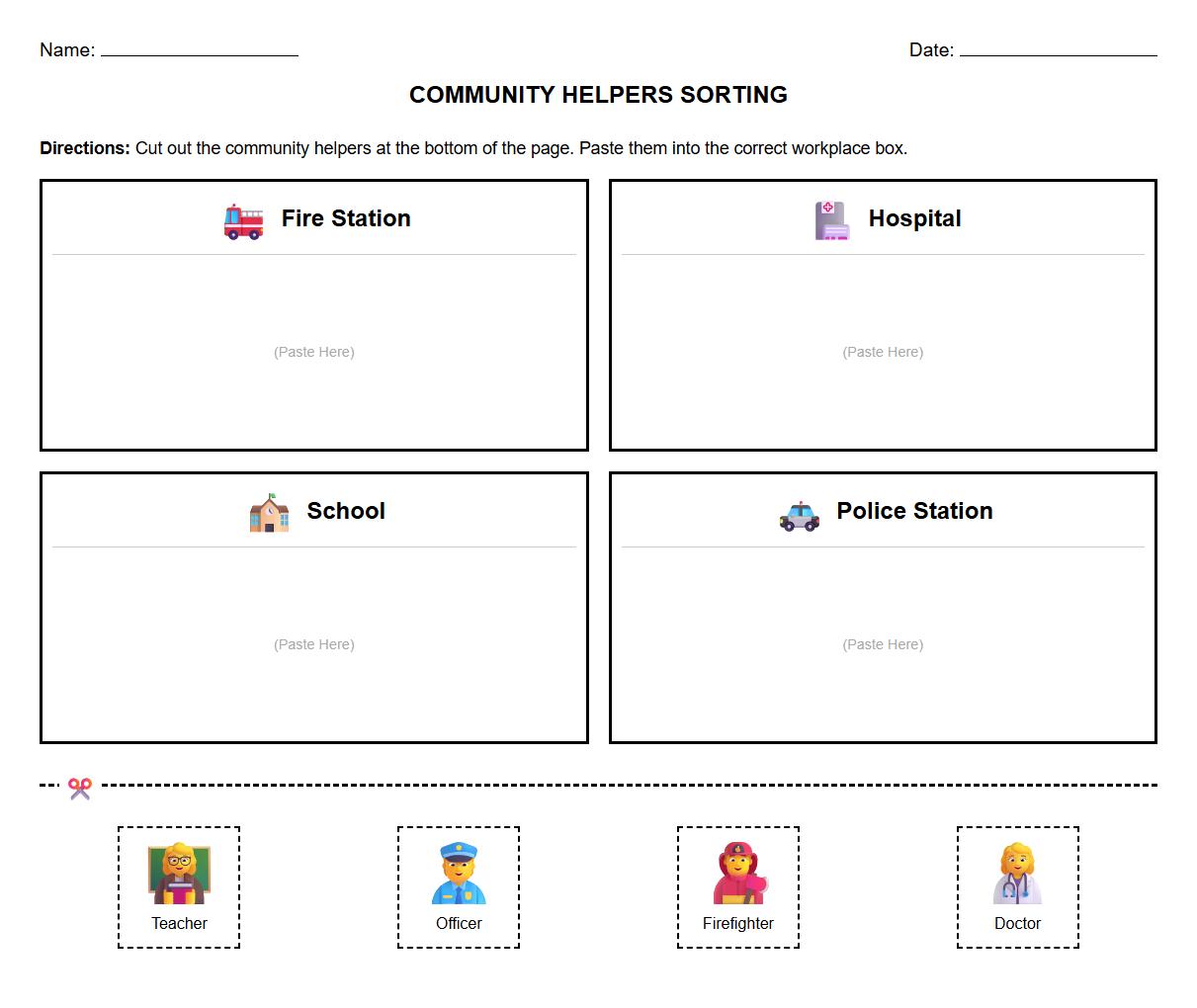 Sorting Community Helpers by Workplace Spatial Awareness Worksheet