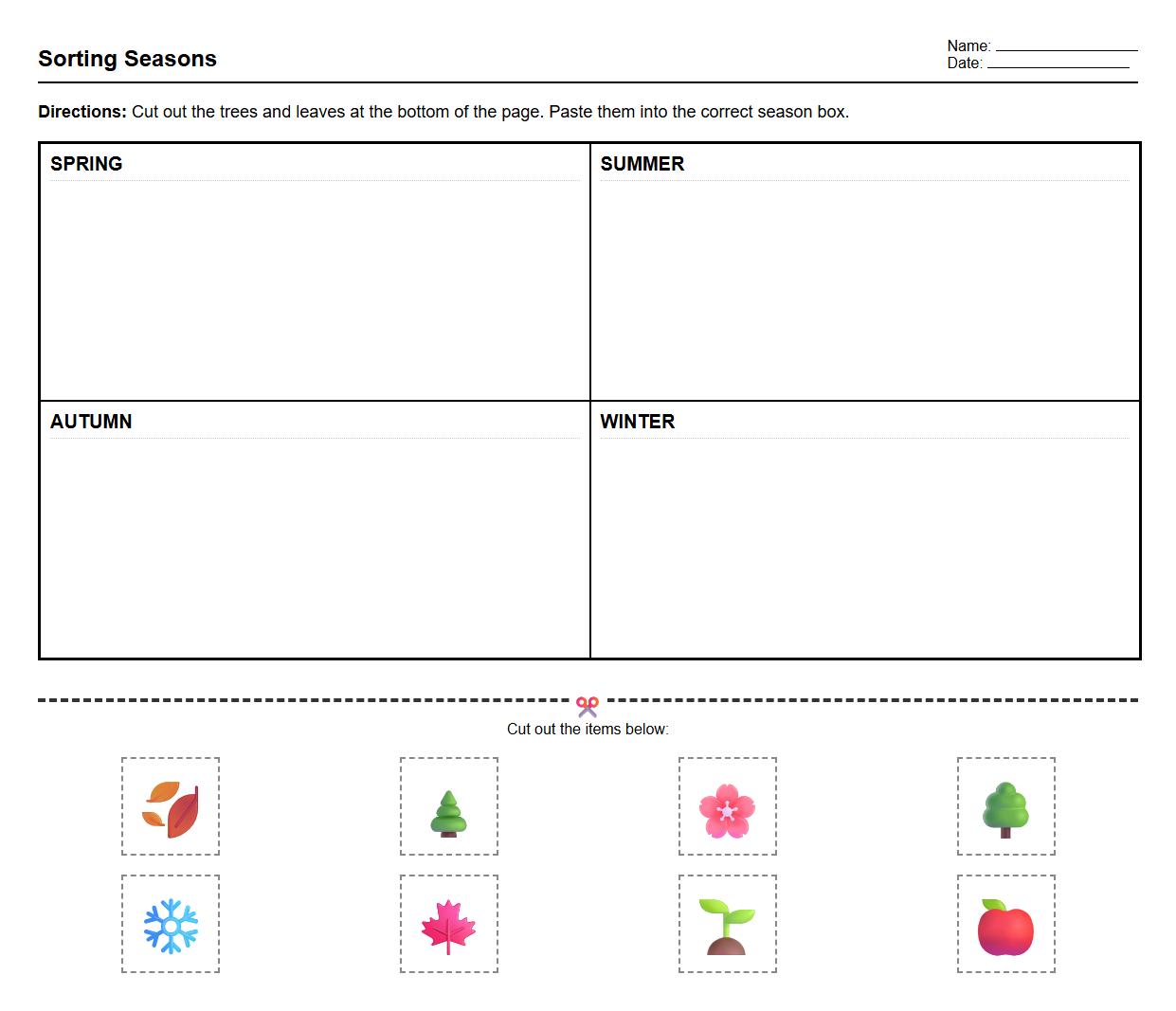 Sorting Trees and Leaves by Season Worksheet