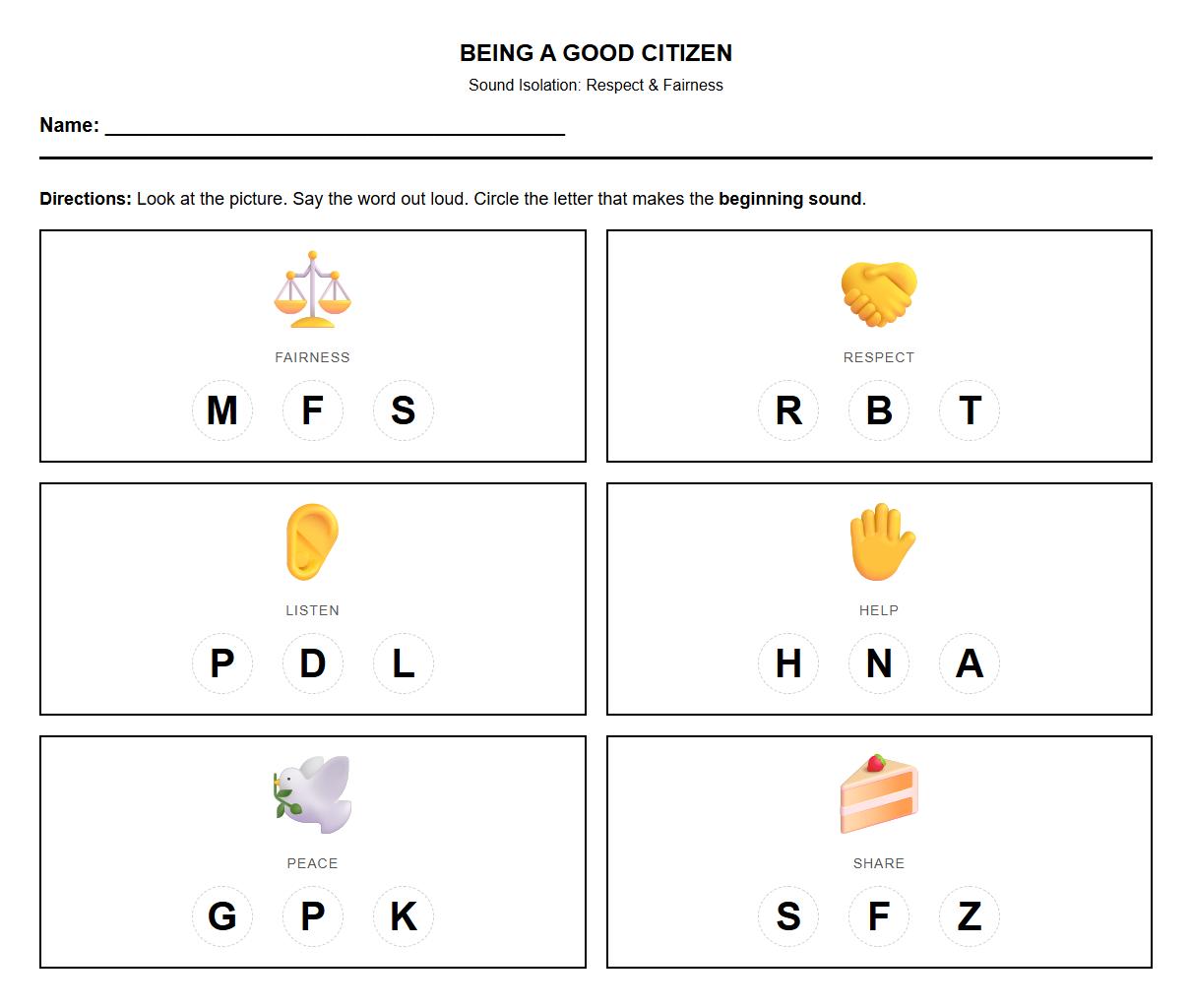 Sound Isolation Worksheet Emphasizing Respect and Fairness