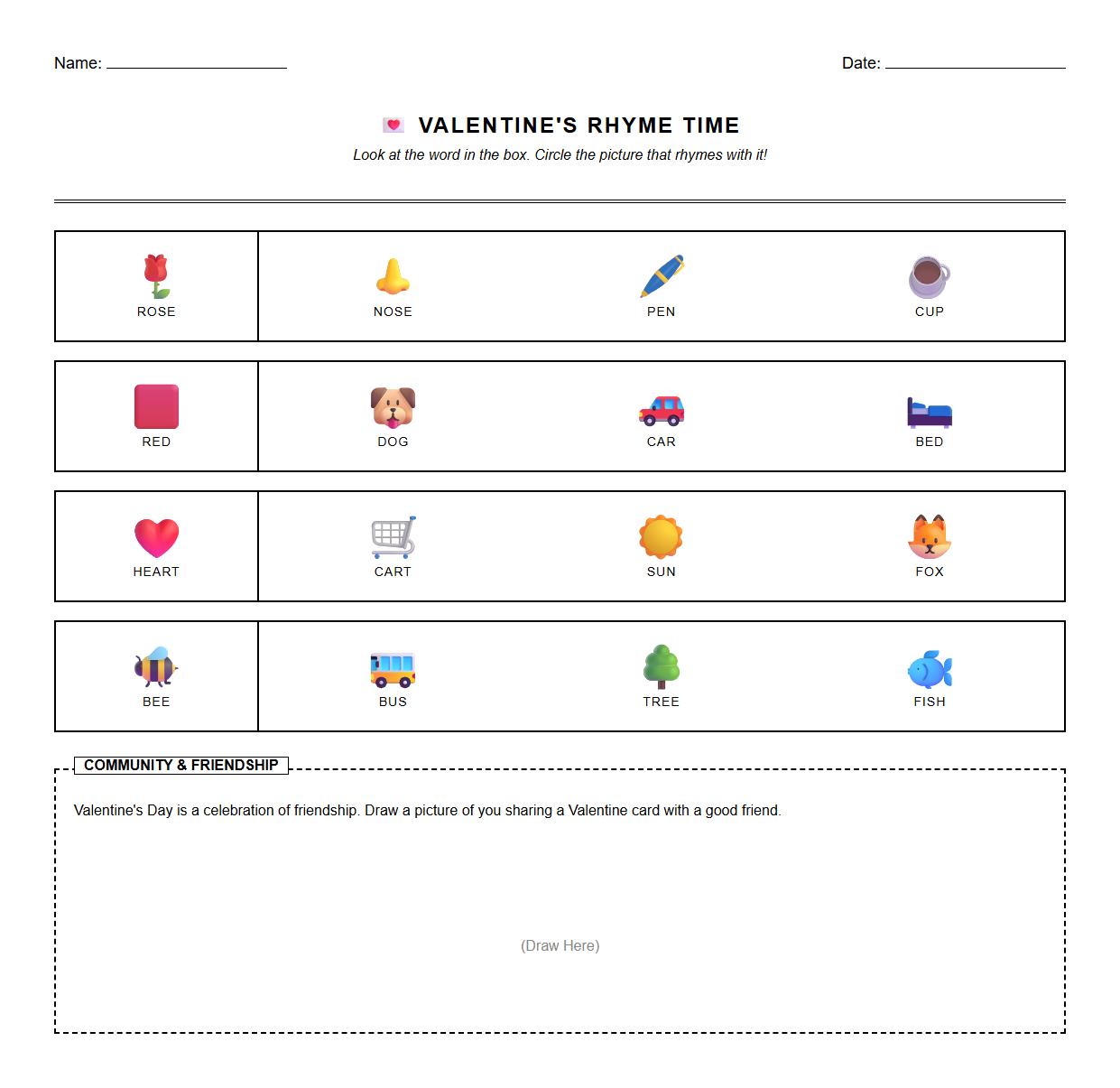 Sound Recognition Rhyming Game set in Valentine Theme