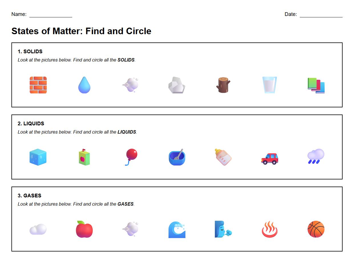 States of Matter Find and Circle Visual Discrimination Worksheet