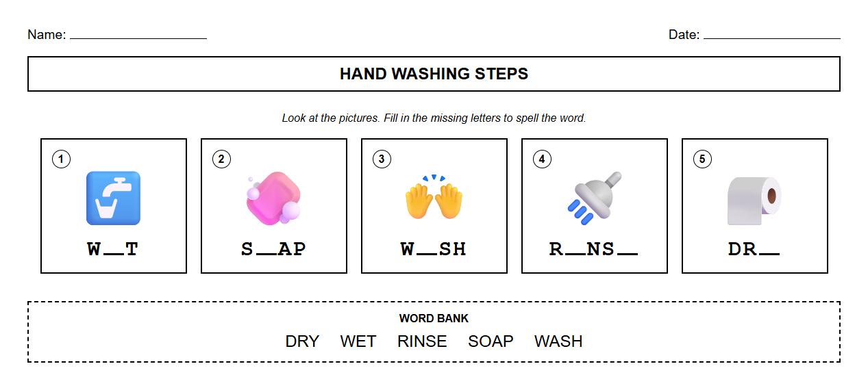 Step by Step Hand Washing Phonics Labeling Worksheet