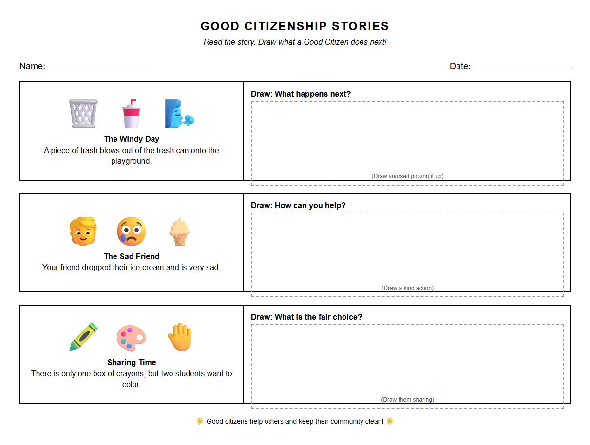 Story Retelling activity using scenarios about Good Citizenship