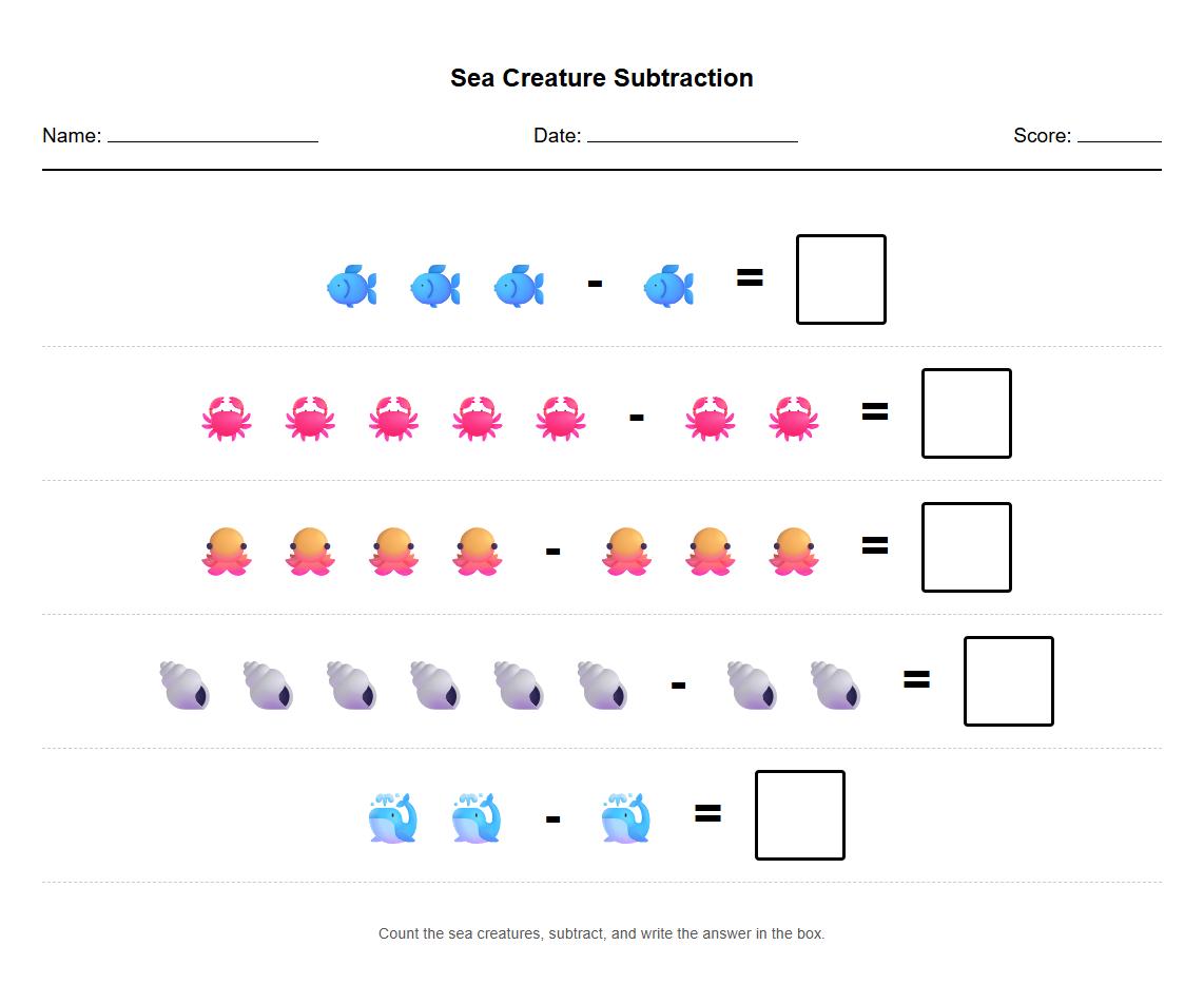 Subtraction assessment using sea creature object pictures