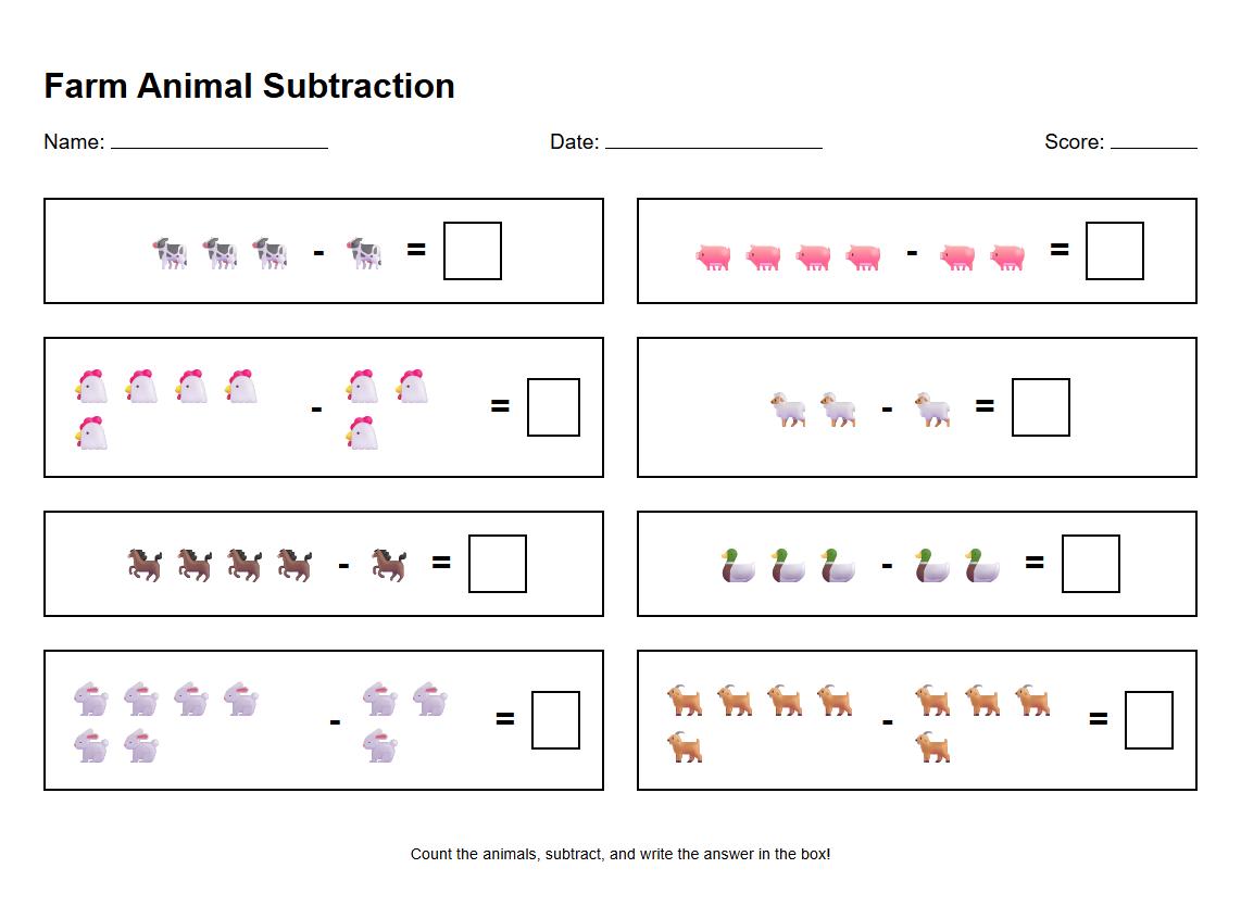 Subtraction drill with farm animal object graphics