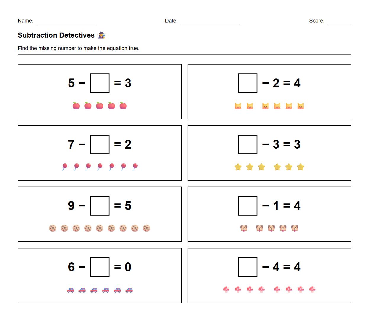 Subtraction Equations with Missing Minuend or Subtrahend Worksheet