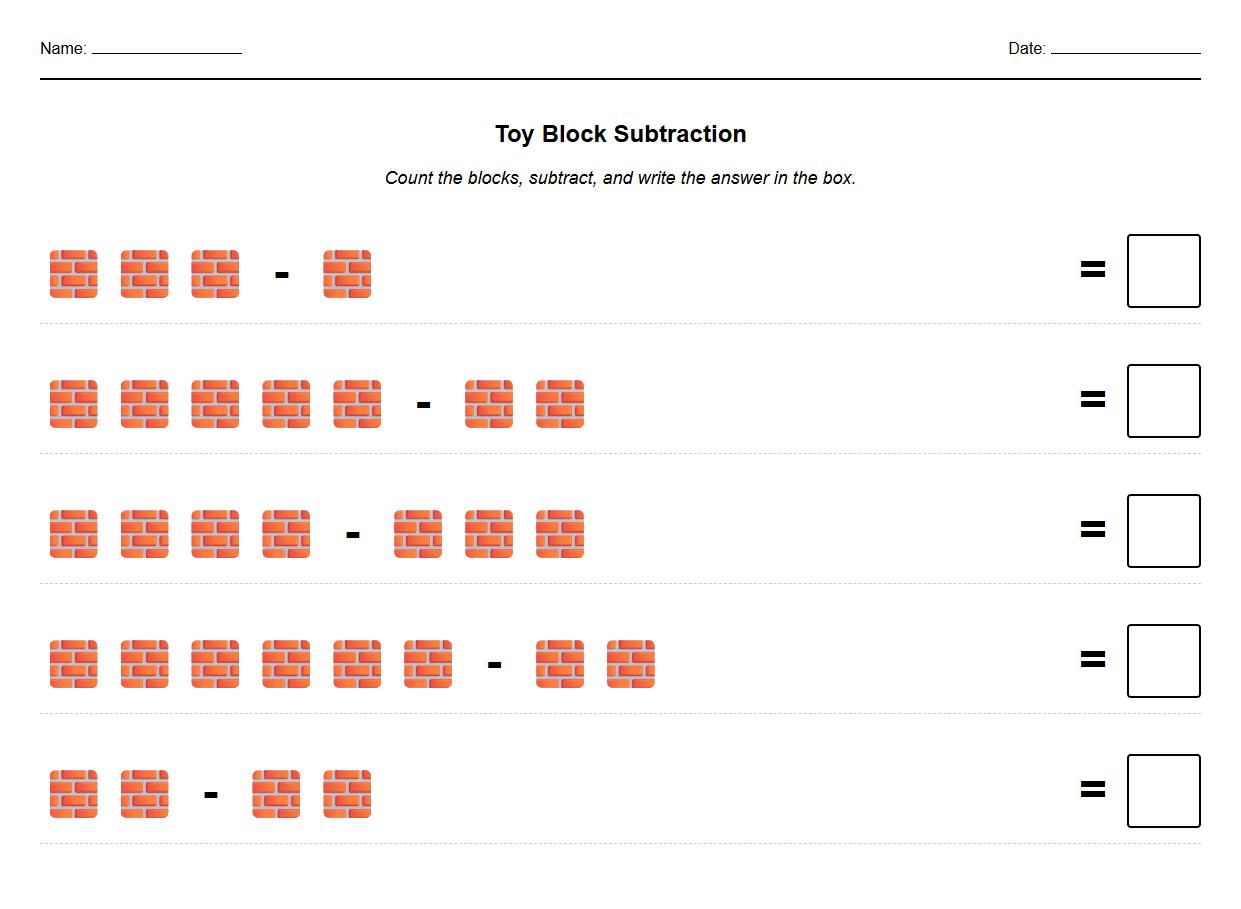 Subtraction exercise featuring toy block object visuals