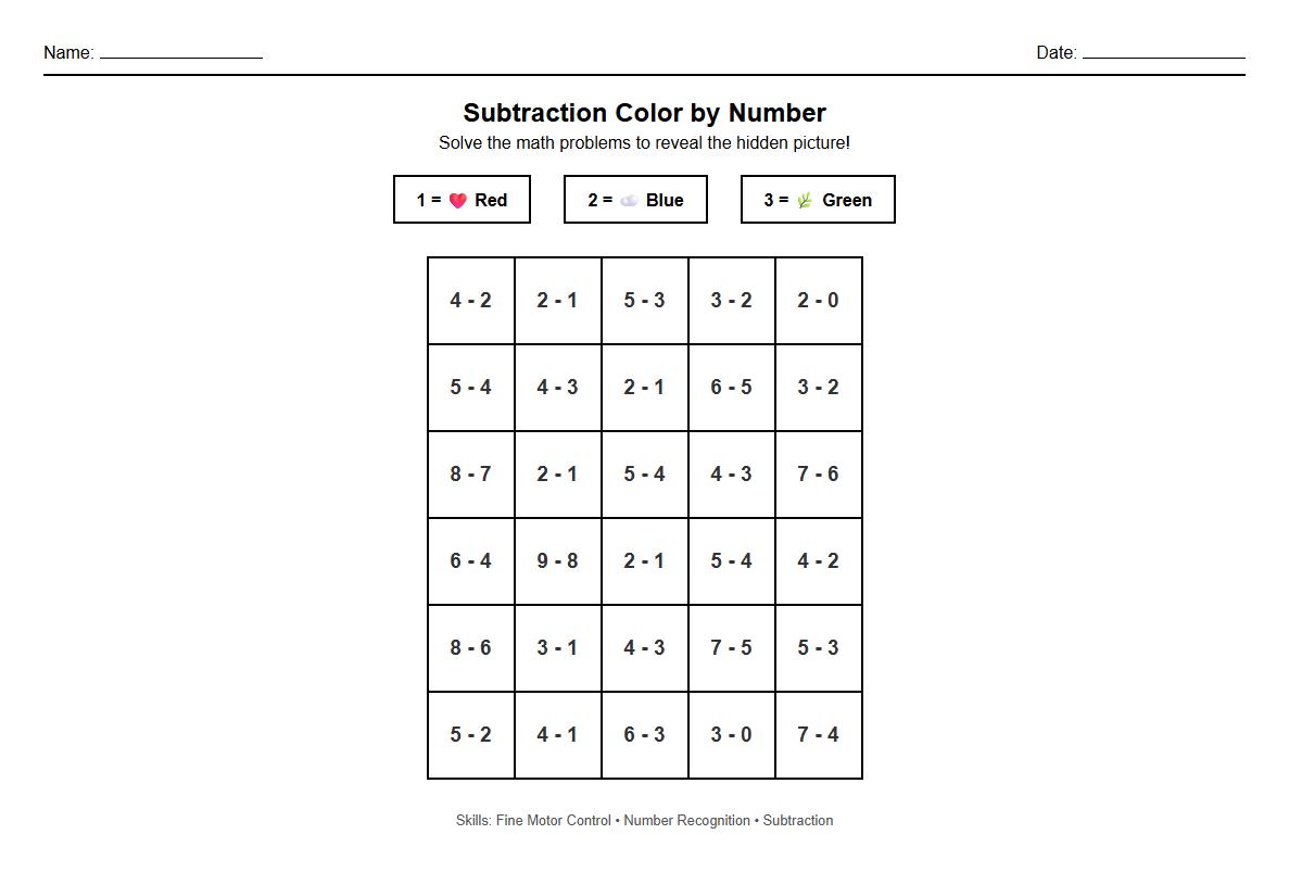 Subtraction Skills Color by Number Worksheet