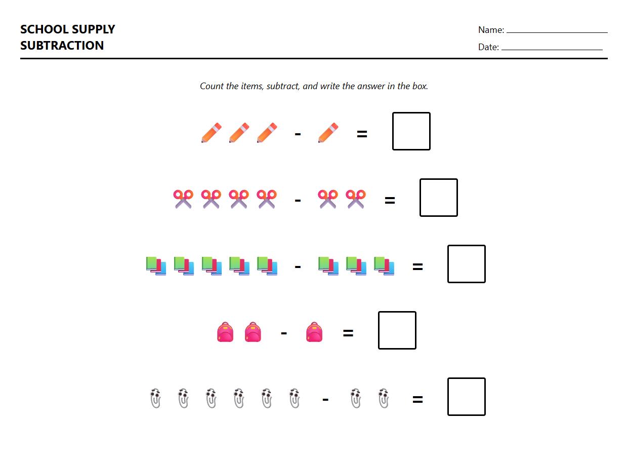 Subtraction task using school supply object photographs