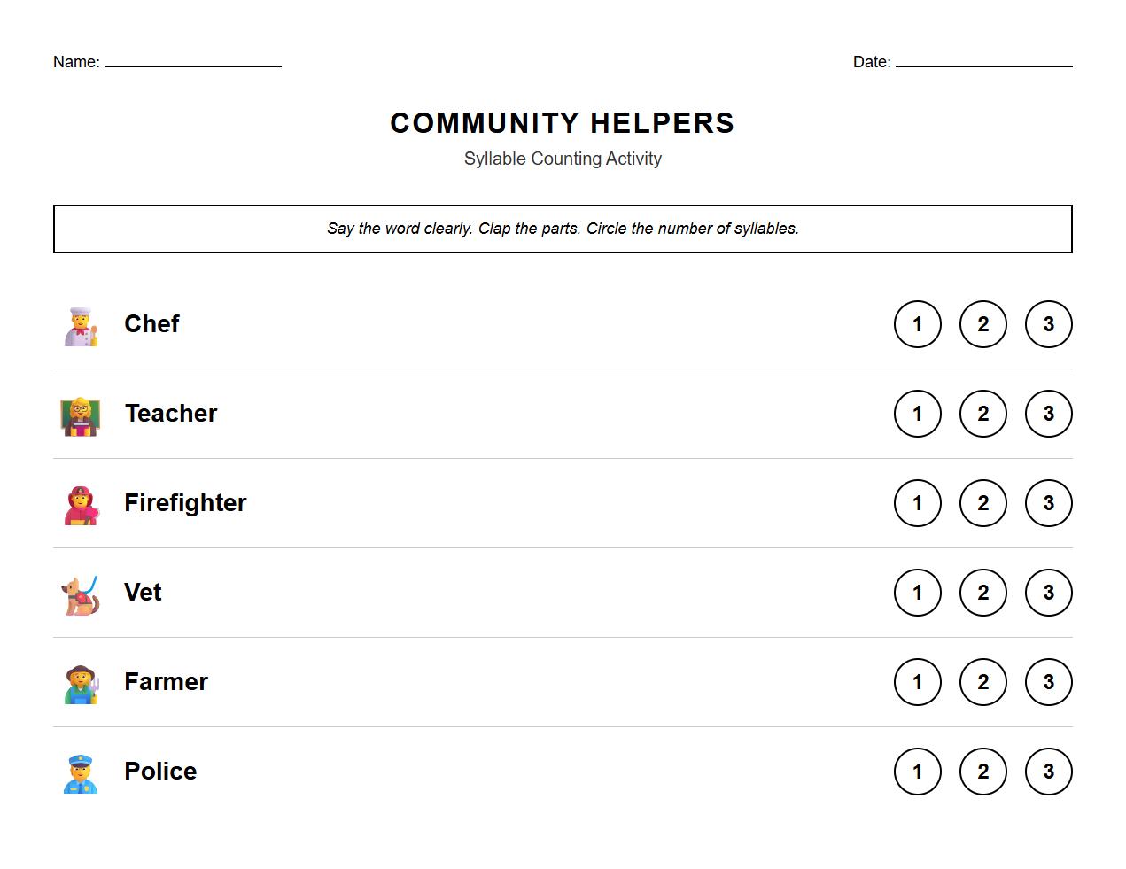 Syllable Counting Activity Featuring Community Helper Words