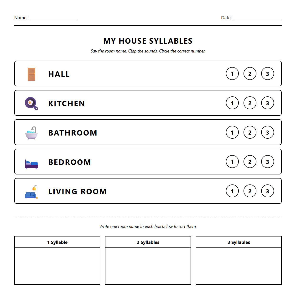 Syllable Counting and Sorting Worksheet for Room Names