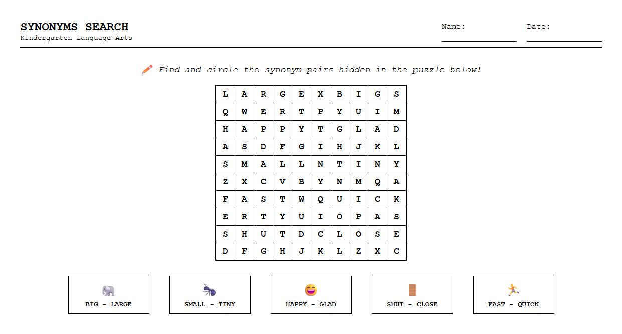 Synonyms Word Search for Kindergarten Phonics