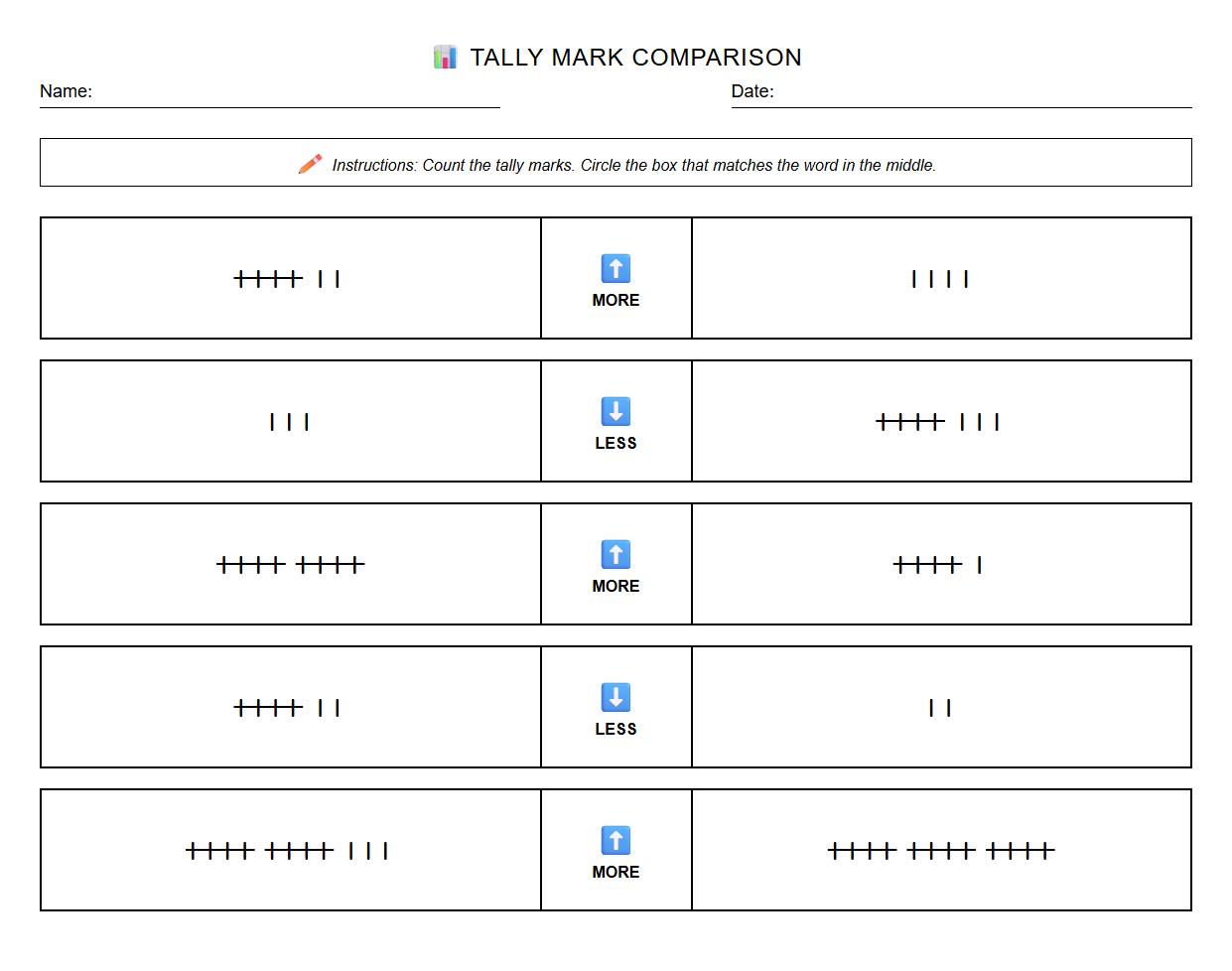 Tally Mark Comparison for More or Less Worksheet