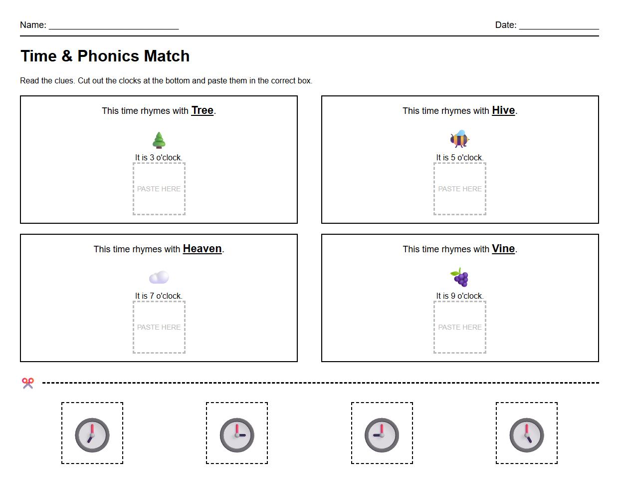 Telling Time Cut and Paste with Phonics Clues