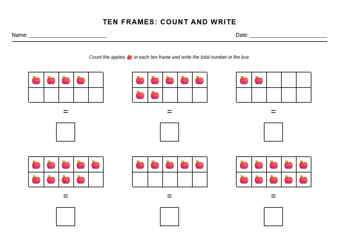 Ten Frames Quantities Identification Worksheet