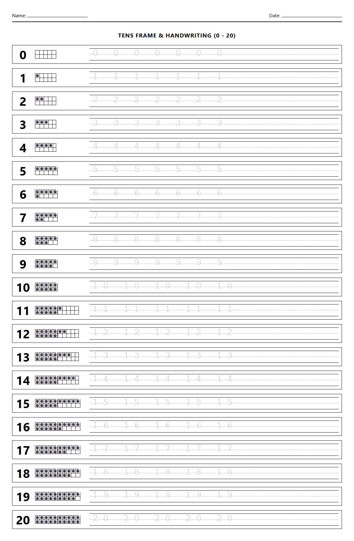 Tens Frame Representation and Handwriting Exercise 0 to 20