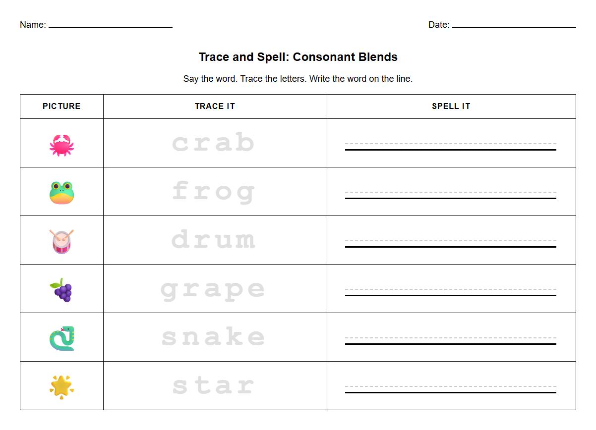 Trace and Spell Consonant Blends Vocabulary Worksheet