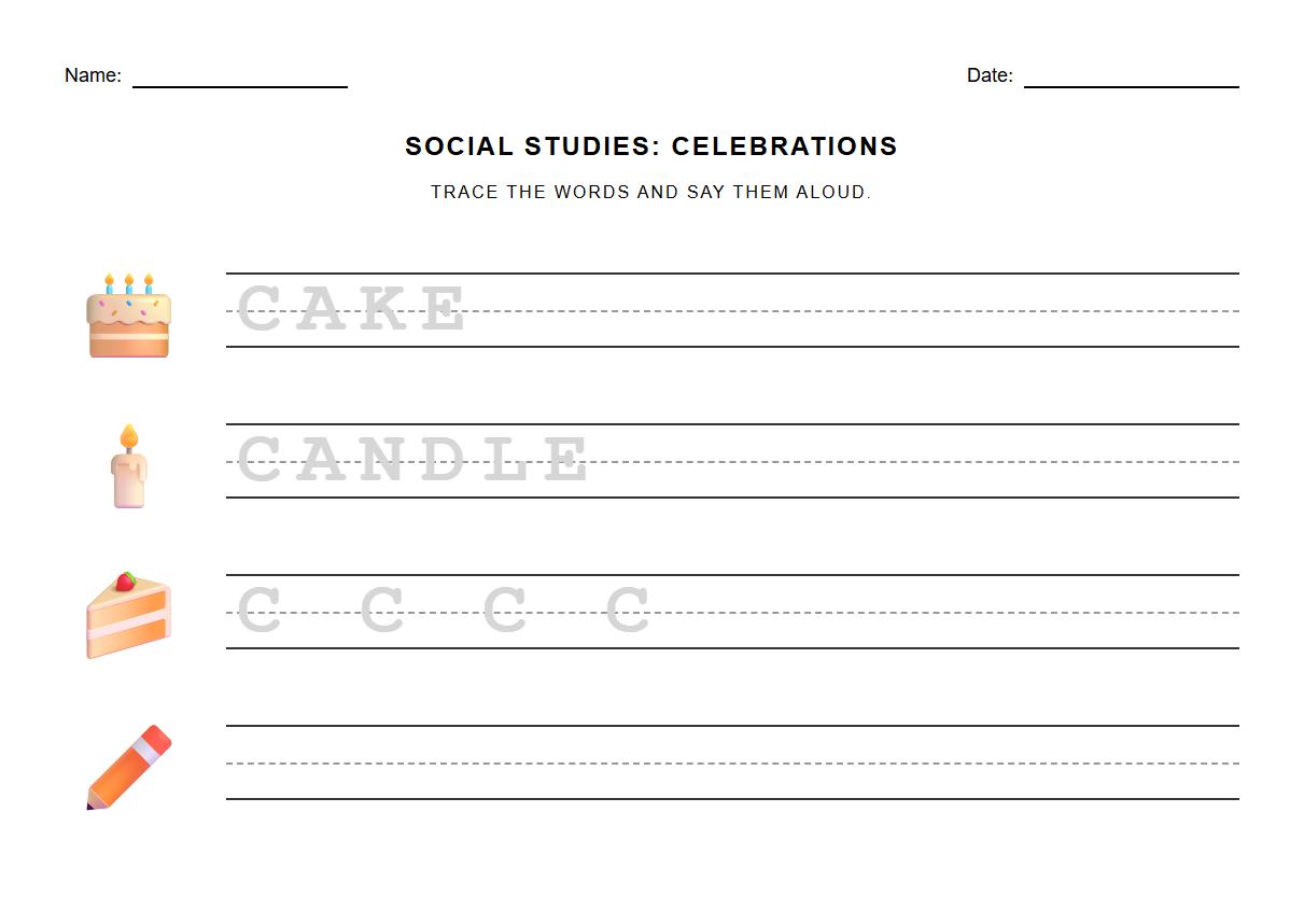 Tracing Letters Worksheet featuring Cake and Candle Images