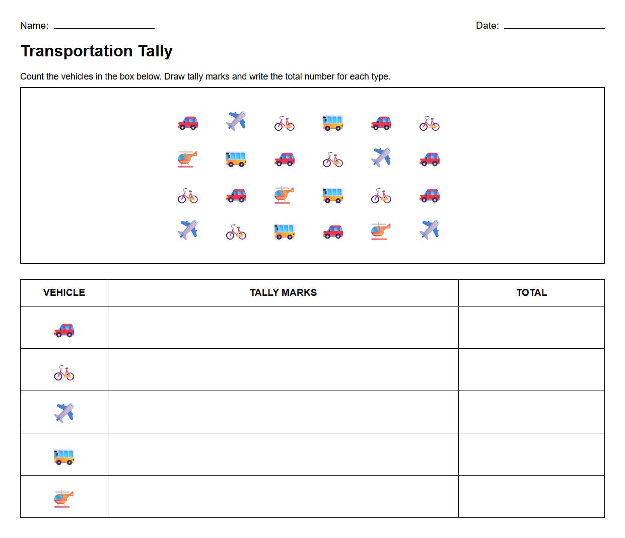 Transportation Modes Tally Chart Counting Worksheet