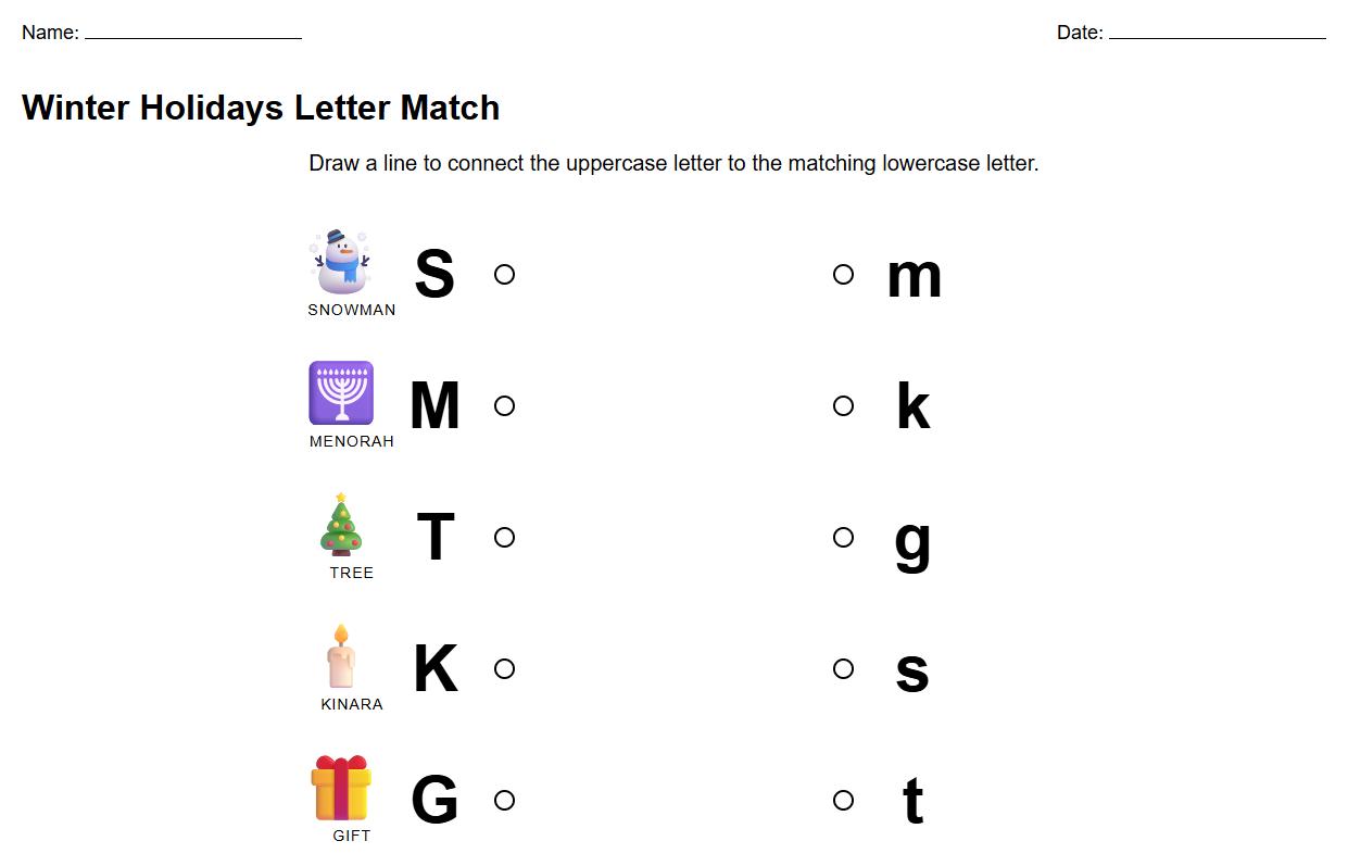Uppercase and lowercase letter matching with Winter Holidays images