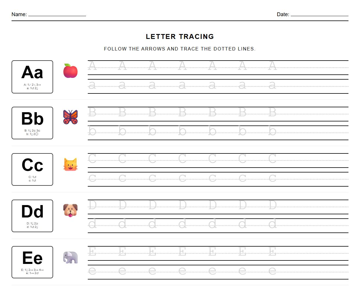 Uppercase and Lowercase Letter Tracing with Guided Arrows