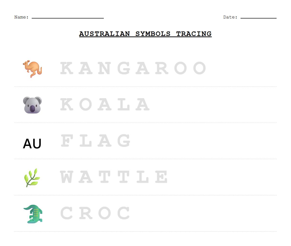 Uppercase tracing worksheet for Australian National Symbols vocabulary