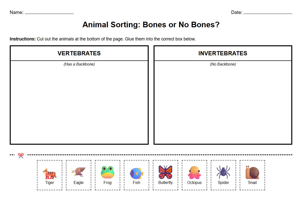 Vertebrates and Invertebrates Sorting Worksheet