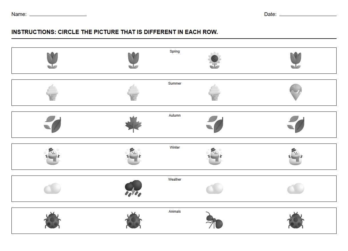 Visual Discrimination Exercise using Seasonal Kindergarten Themes