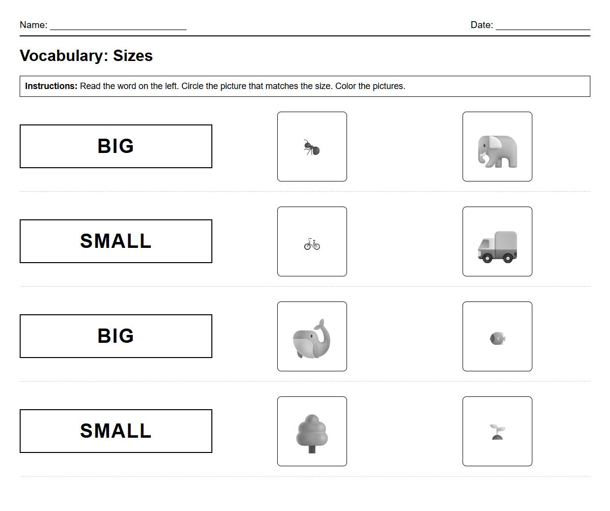 Vocabulary Development Worksheet: Match size words (big, small) to pictures and color