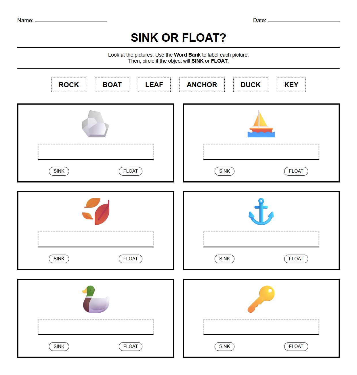 Vocabulary Picture Labeling Exercise on Sink or Float