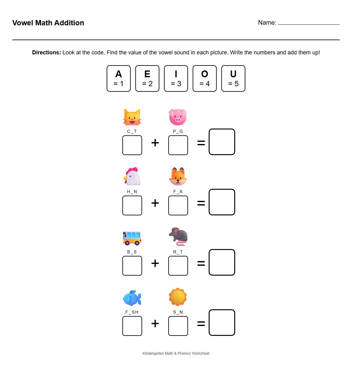 Vowel Sound Math Addition Worksheet