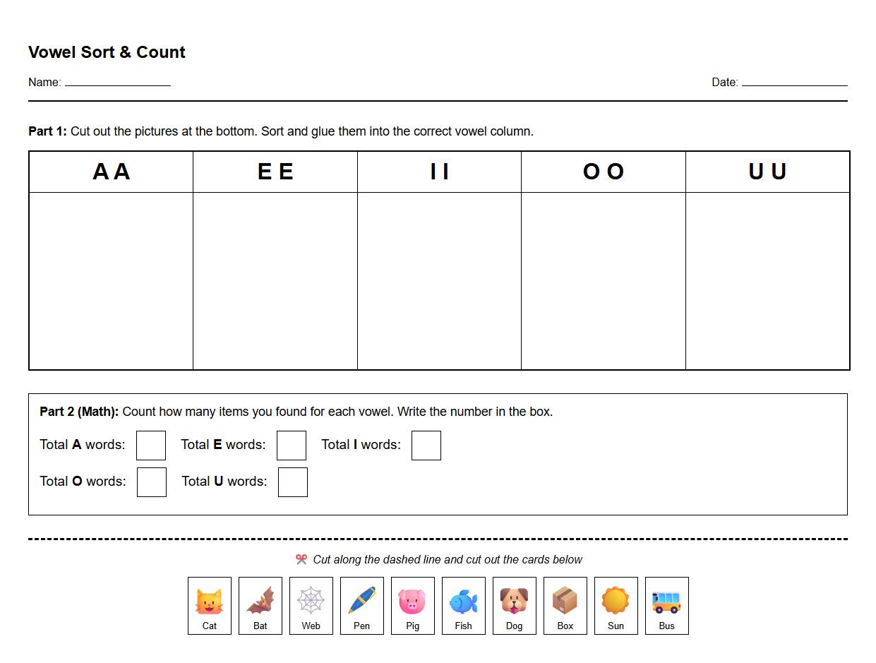 Vowel Sound Sorting Activity