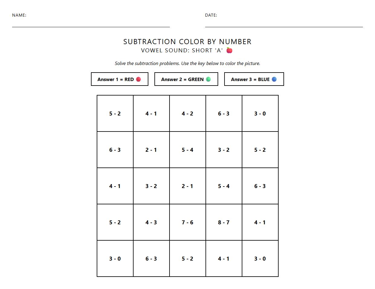 Vowel Sounds Subtraction Color by Number Worksheet