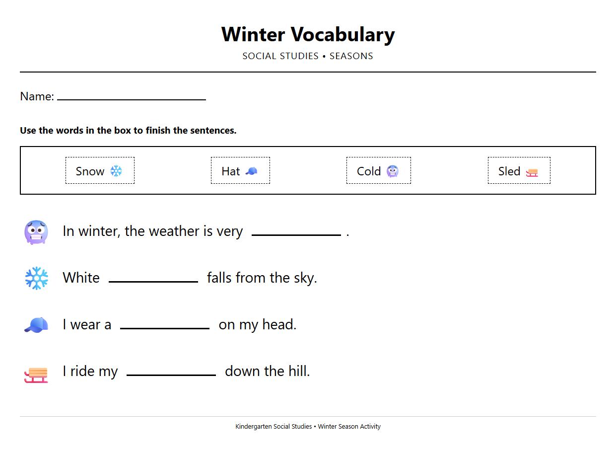 Winter Vocabulary Cloze Passage Worksheet