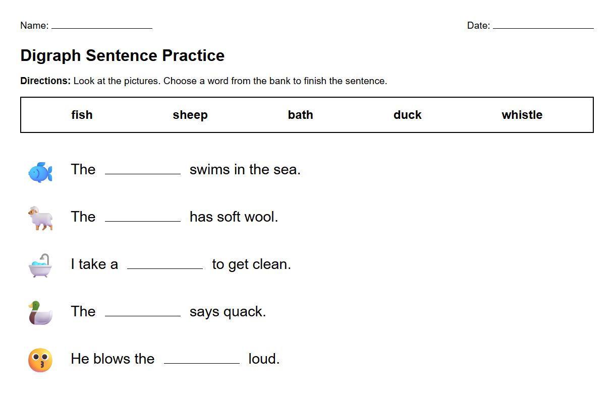 Word Bank Sentence Writing for Digraph Practice