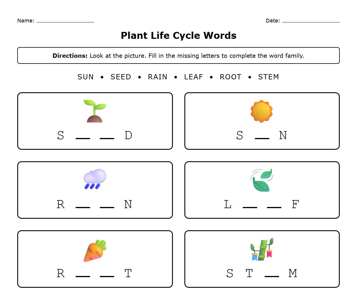 Word families fill in the blanks using plant life cycle vocabulary