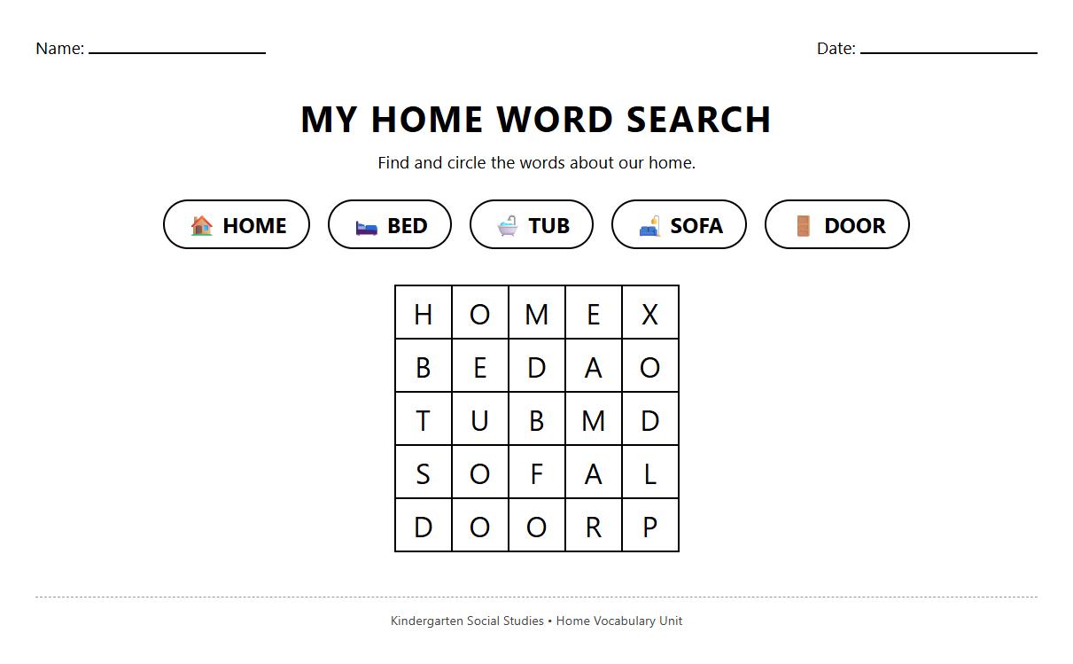 Word Search Puzzle for Home Vocabulary Reinforcement