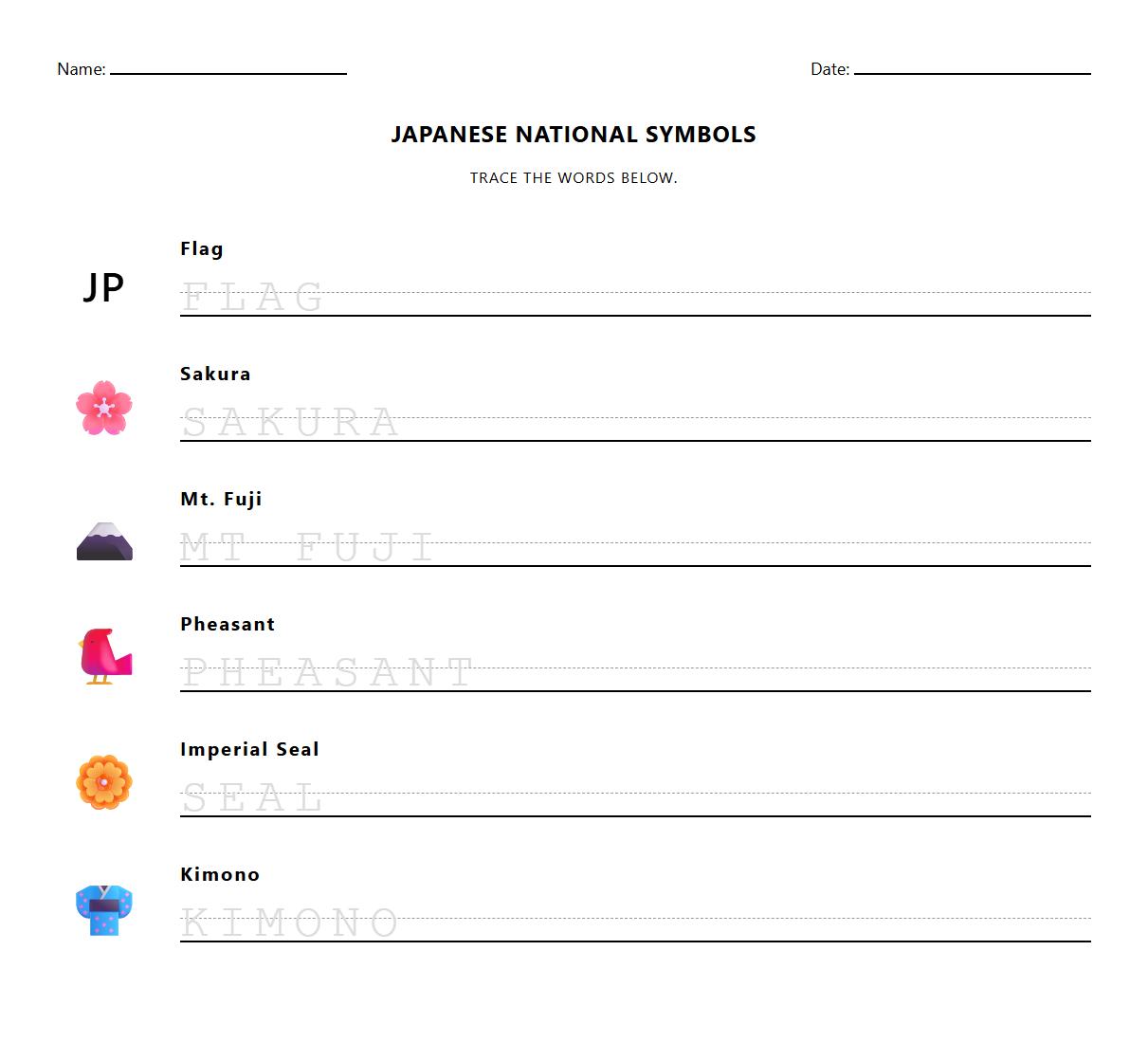 Word tracing activity with Japanese National Symbols terminology