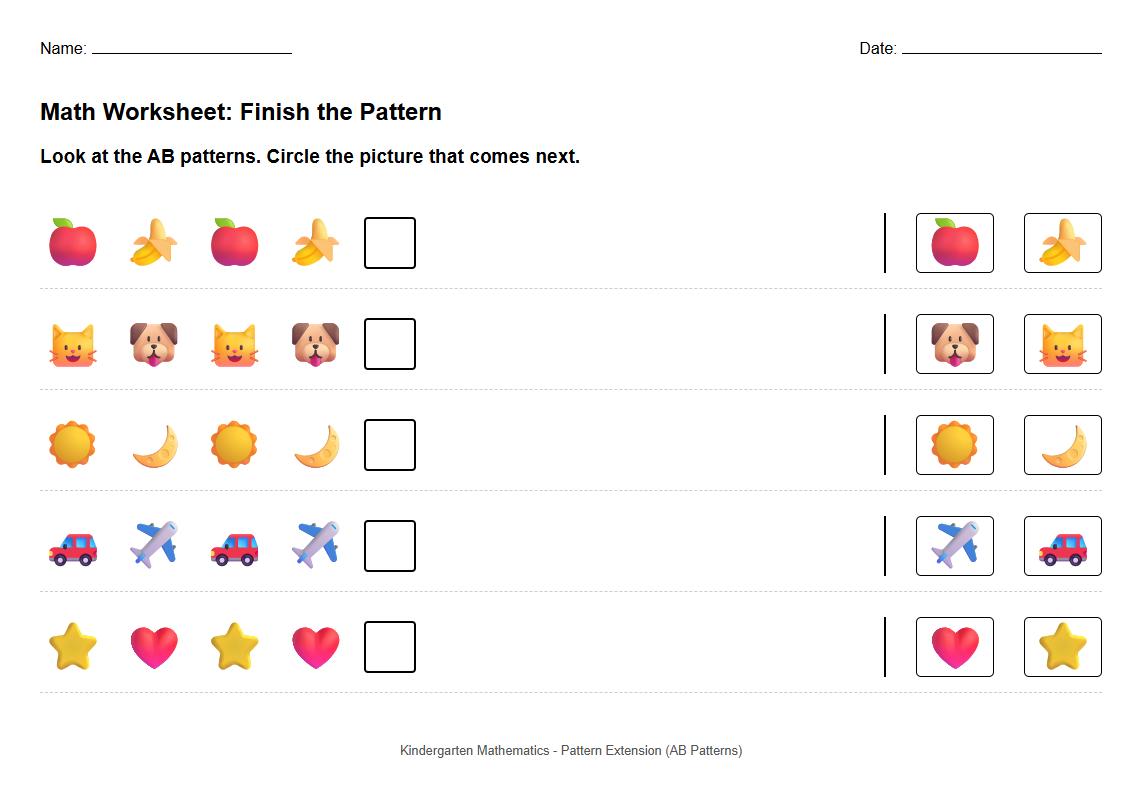 AB Pattern Extension with Objects Worksheet