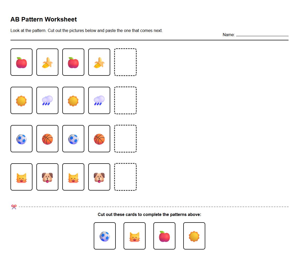 AB Pattern Matching Cards Worksheet Incorporating Objects